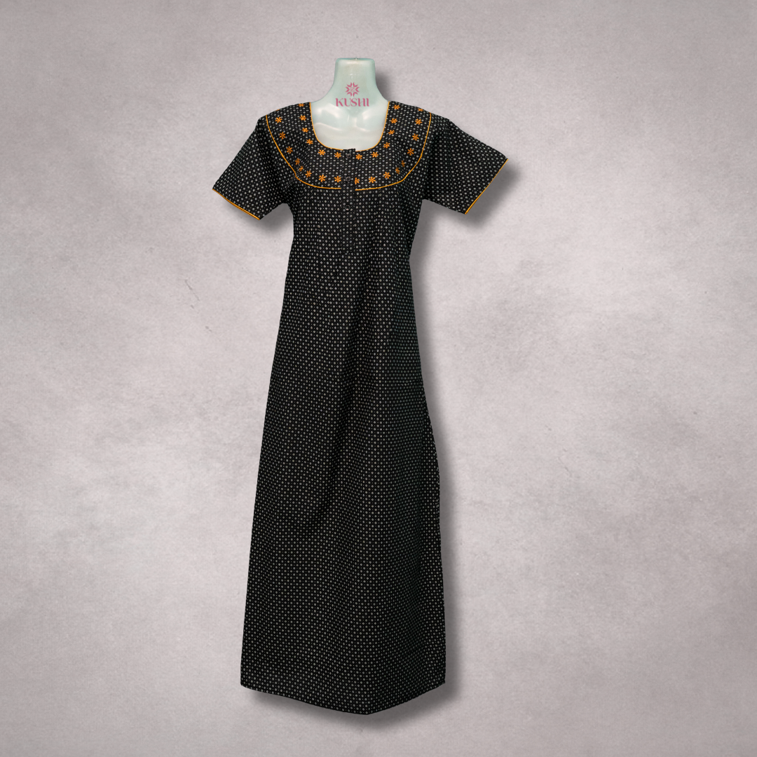 Black Cotton Nighty with Orange Floral Embroidered Neckline