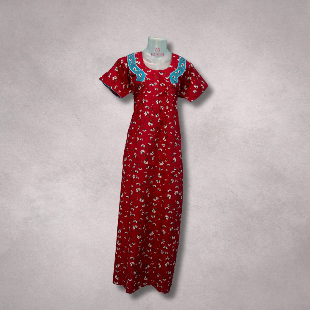 Red Floral Cotton Nighty with Blue Embroidered Neck Panel