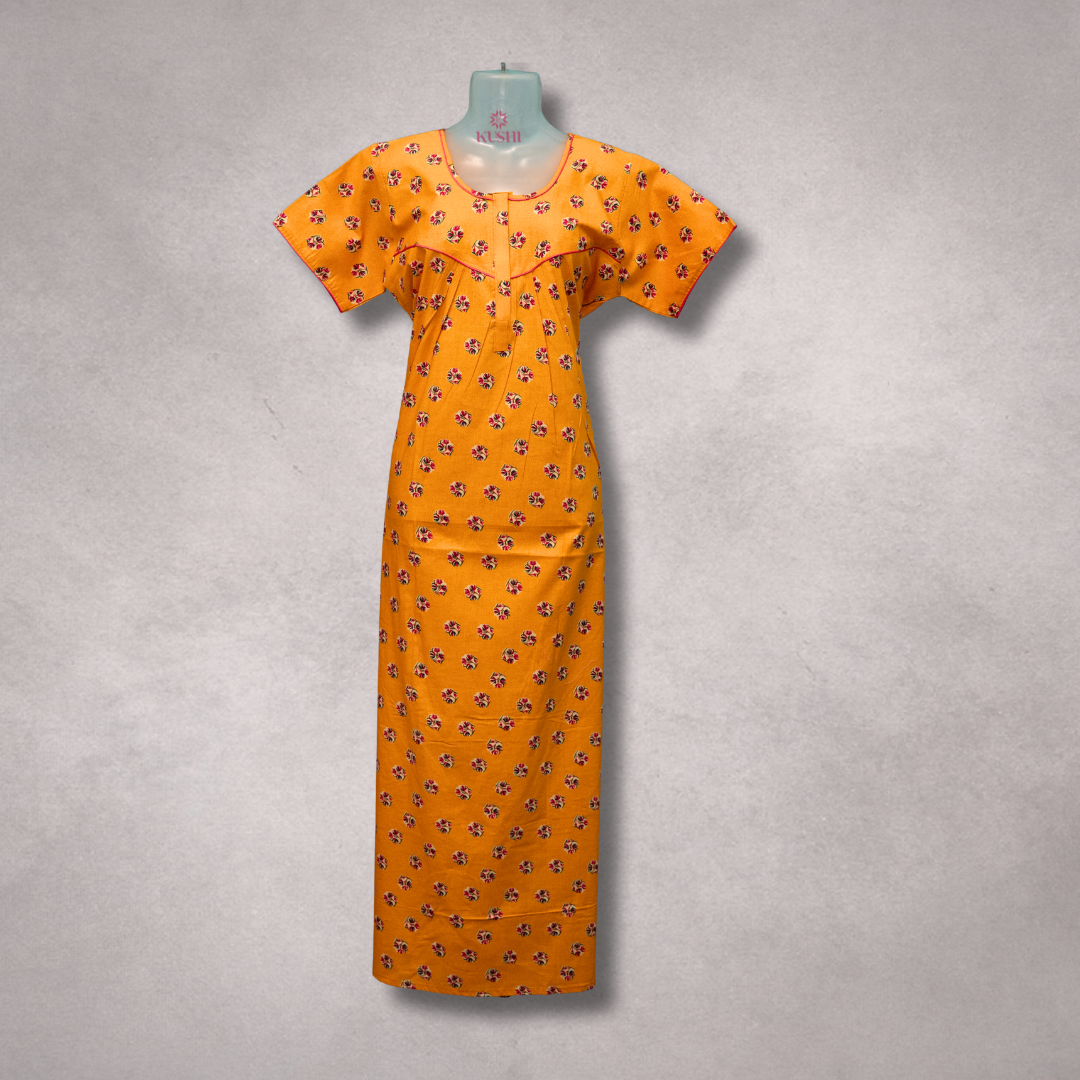 Mustard Yellow Floral Printed Cotton Nighty