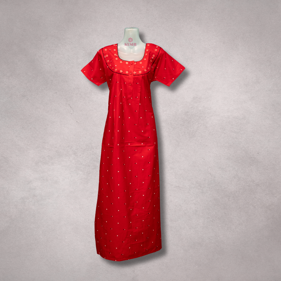 Red Floral Embroidered Cotton Nighty
