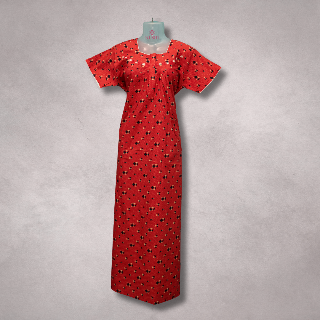 Red Cotton Nighty with Floral Embroidery and Geometric Print