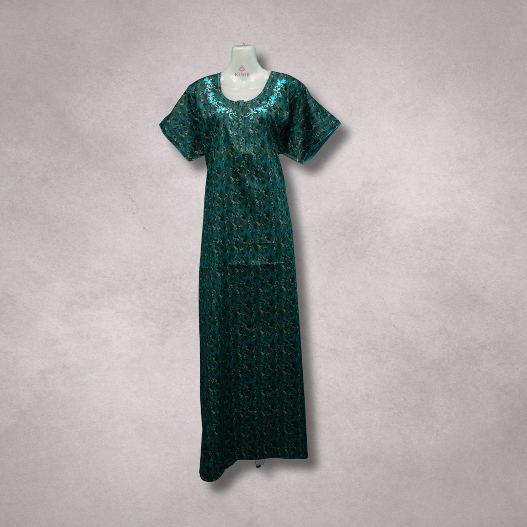 Elegant Dark Teal Printed Nighty with Embroidered Neckline