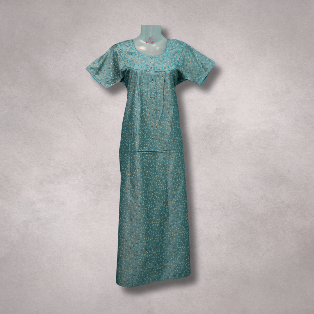 Teal Green Printed Cotton Nighty with Yoke Design