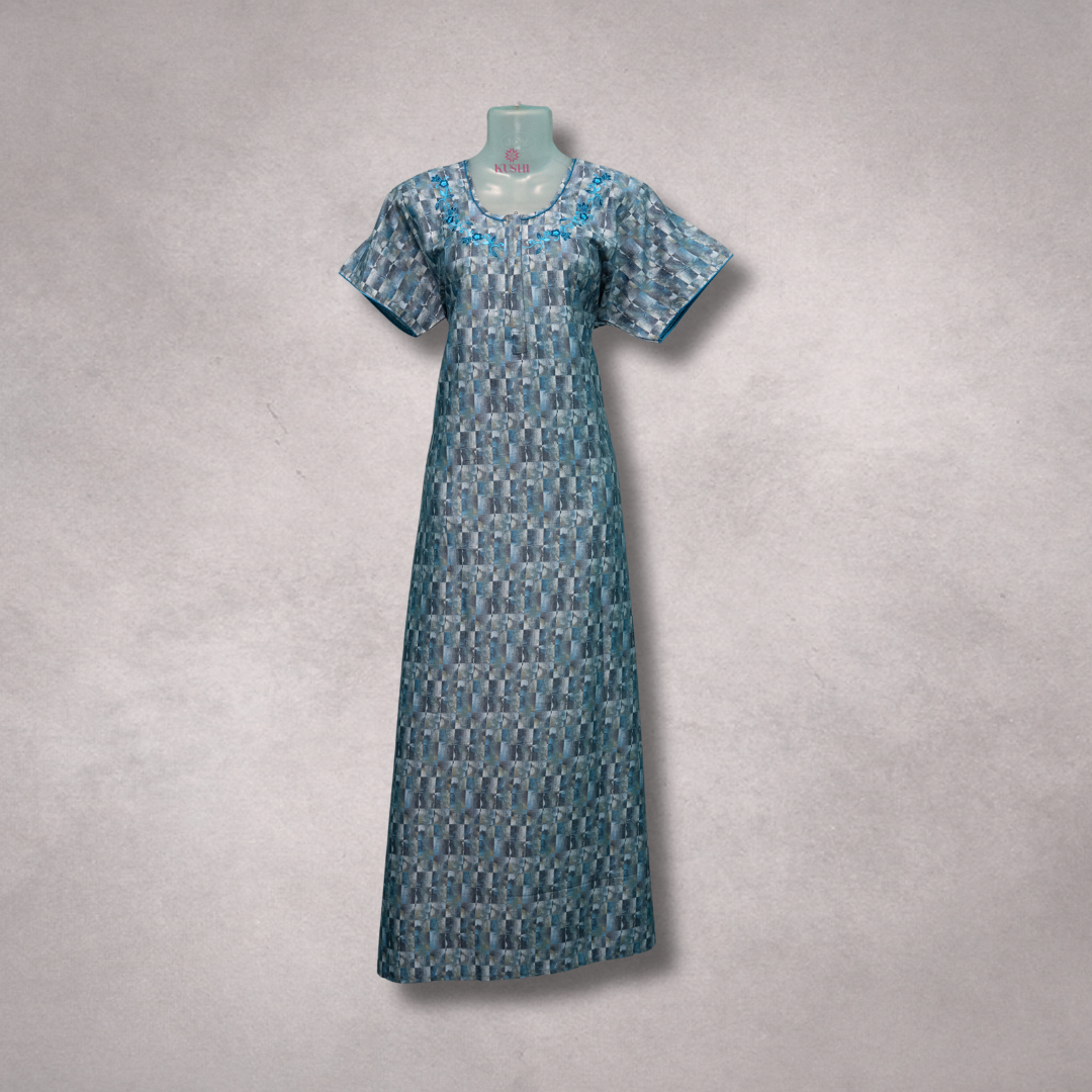 Slate Blue Geometric Printed Cotton Nighty with Embroidered Neckline