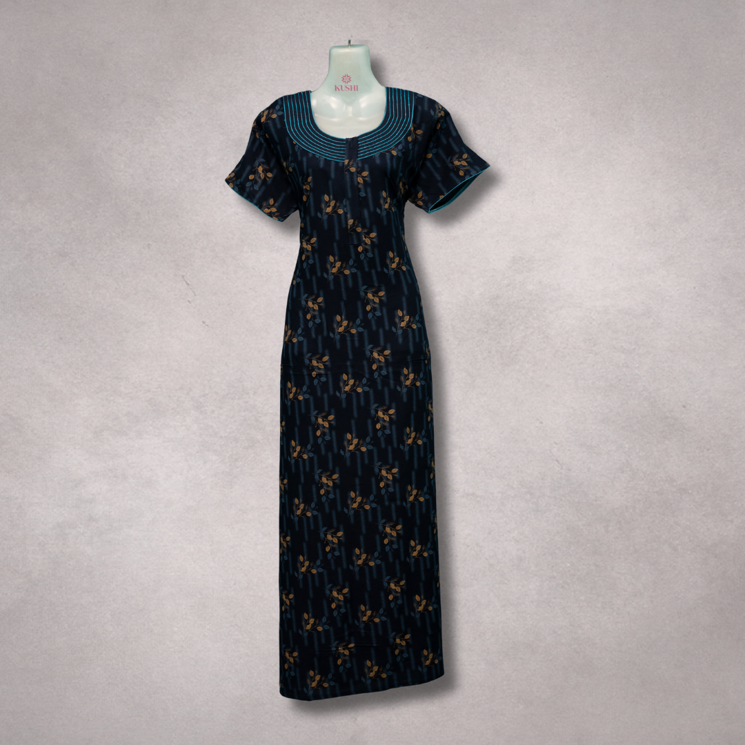 Elegant Navy Blue Floral Printed Cotton Nighty