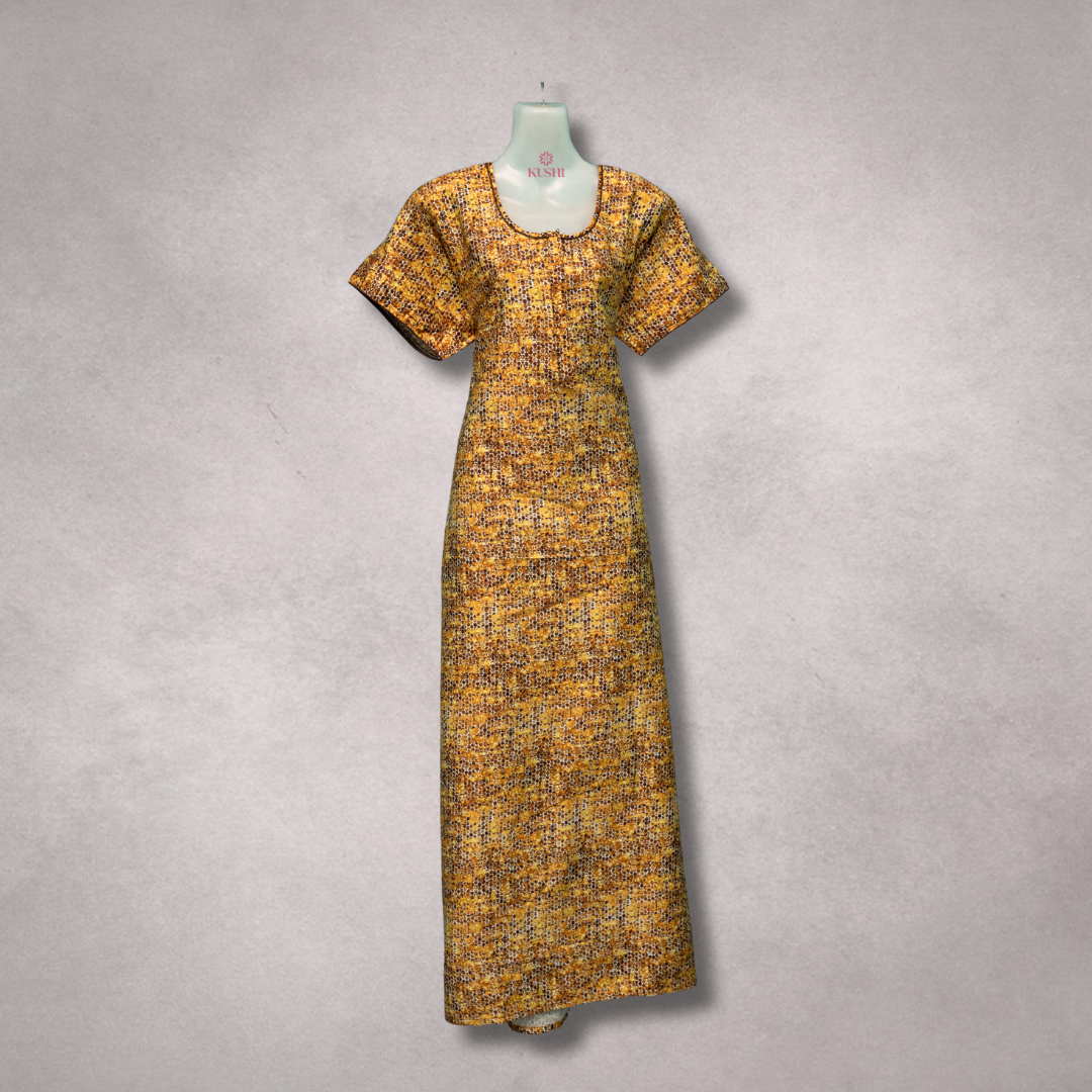 Mustard Yellow Abstract Printed Cotton Nighty