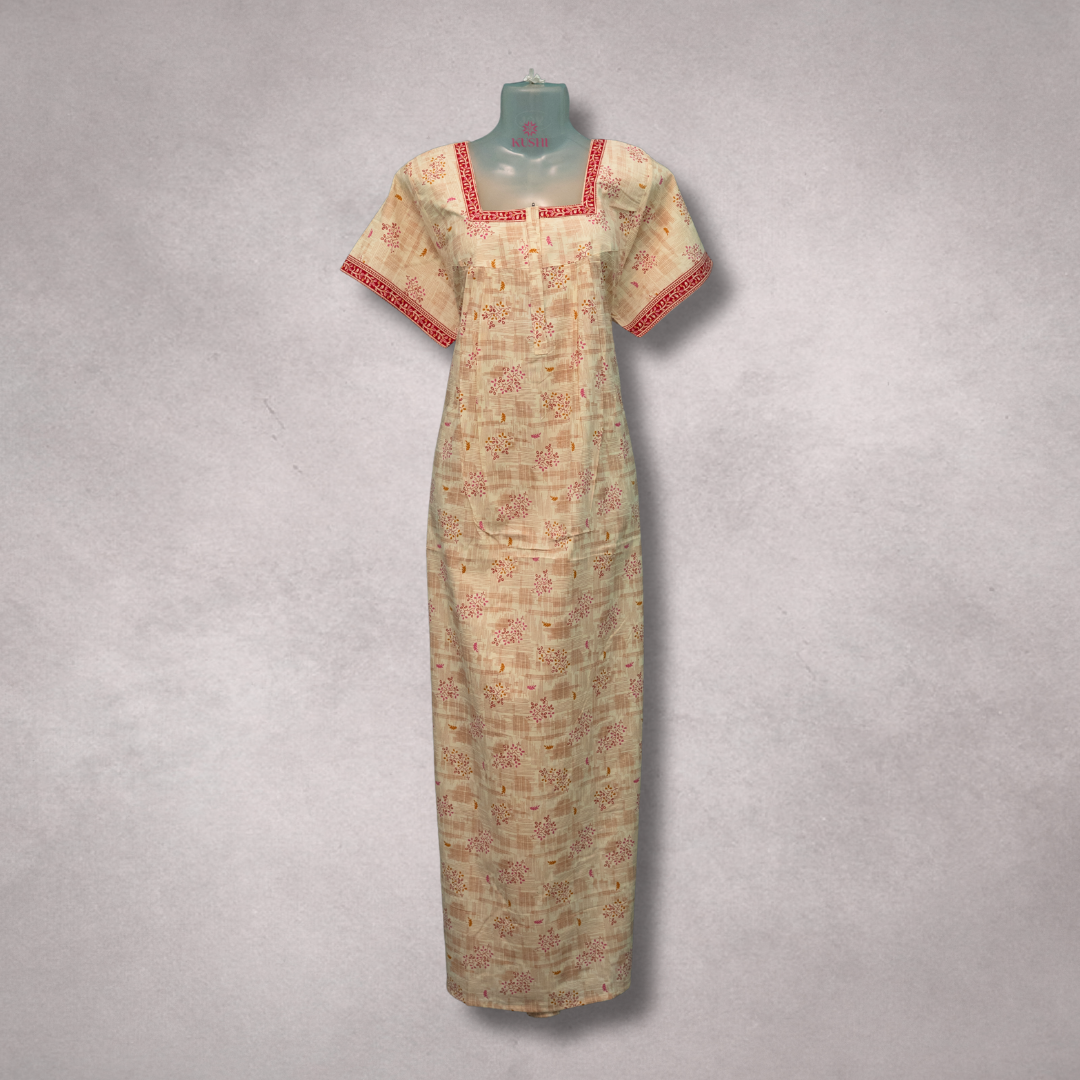 Beige Printed Cotton Nighty with Red Border Detailing