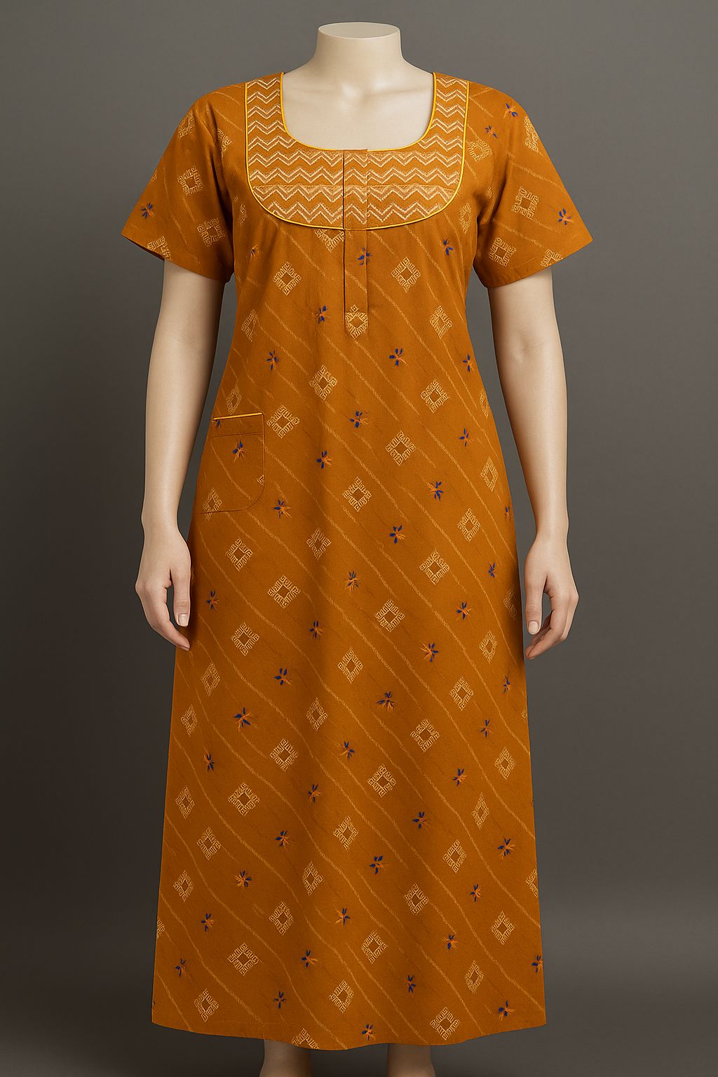 Rust Orange Printed Cotton Nighty with Zigzag Neck Yoke