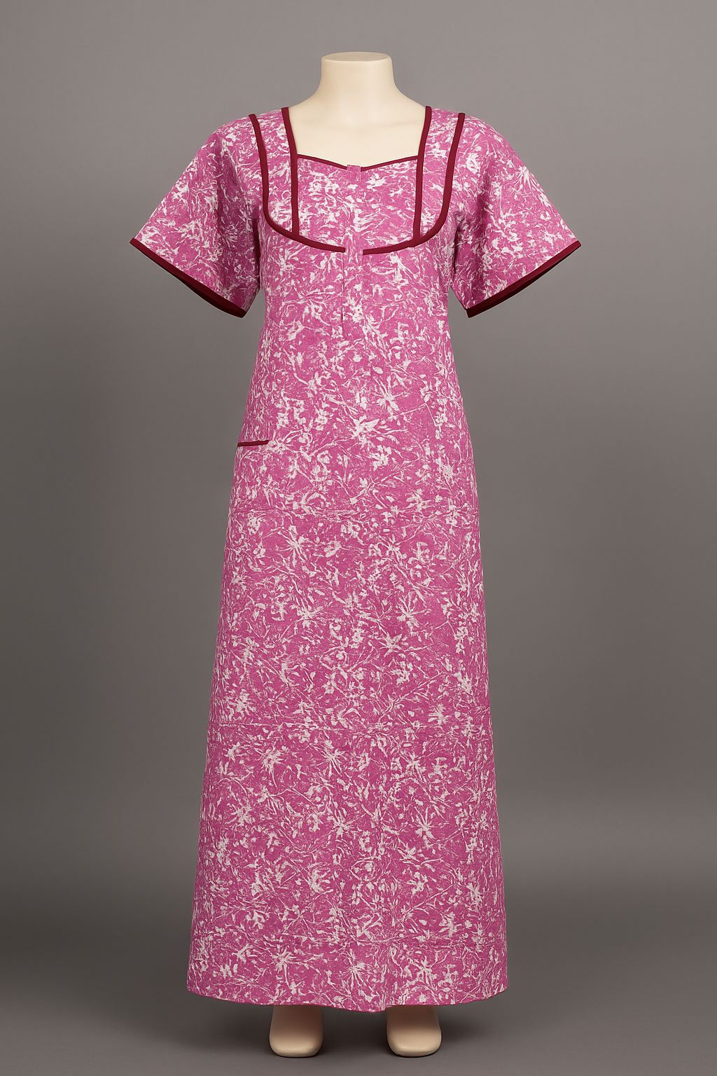 Magenta Abstract Printed Cotton Nighty with Contrast Neckline