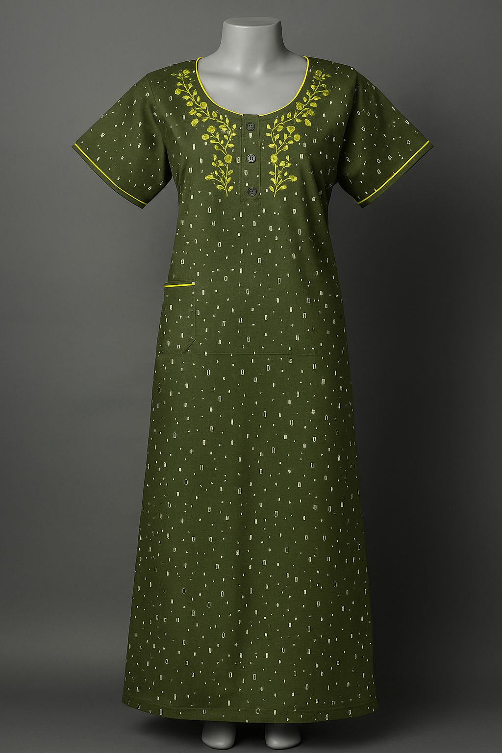 Olive Green Polka Printed Cotton Nighty with Blue Embroidered Neck