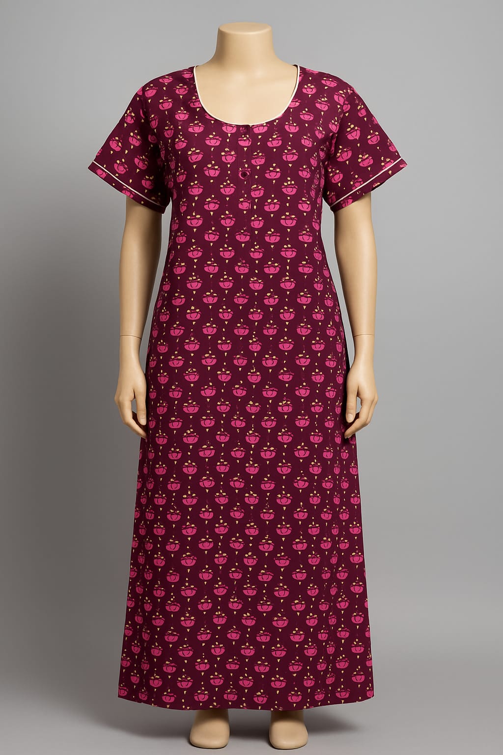 Maroon Floral Printed Cotton Nighty with Contrast Piping