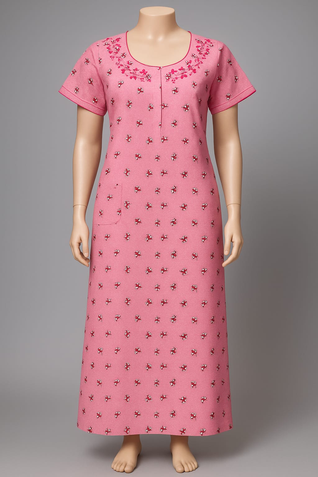 Pink Floral Printed Cotton Nighty with Neck Embroidery