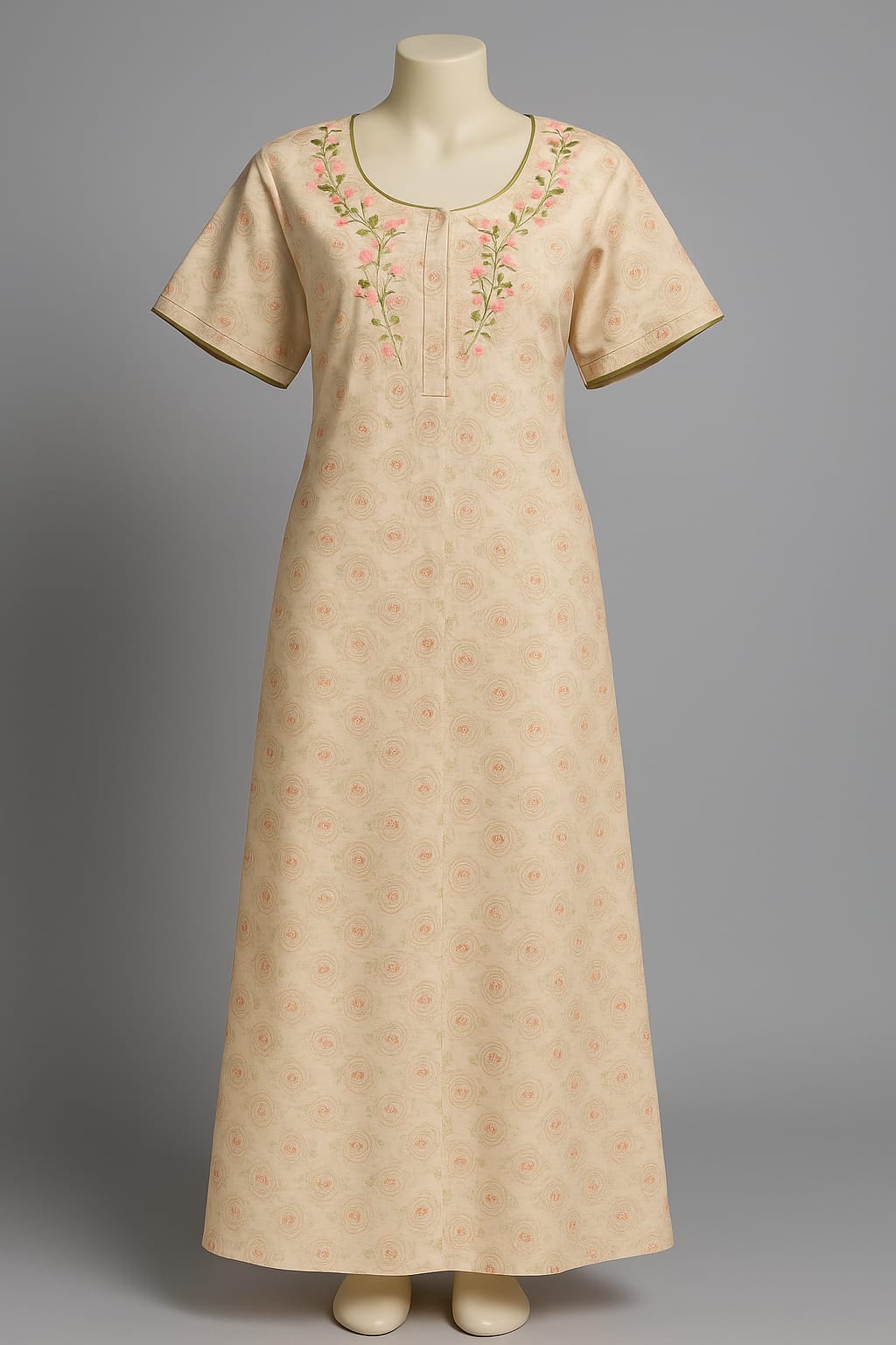 Elegant Beige Floral Printed Nighty with Embroidered Neckline