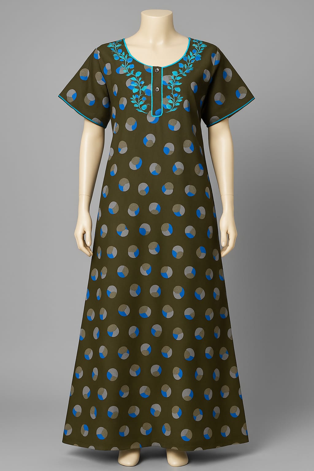 Olive Green Polka Printed Cotton Nighty with Blue Embroidered Neck