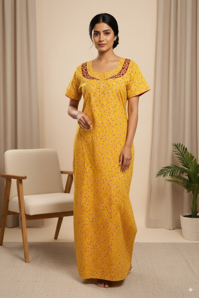 Yellow Printed Cotton Nighty with Maroon Contrast Neckline