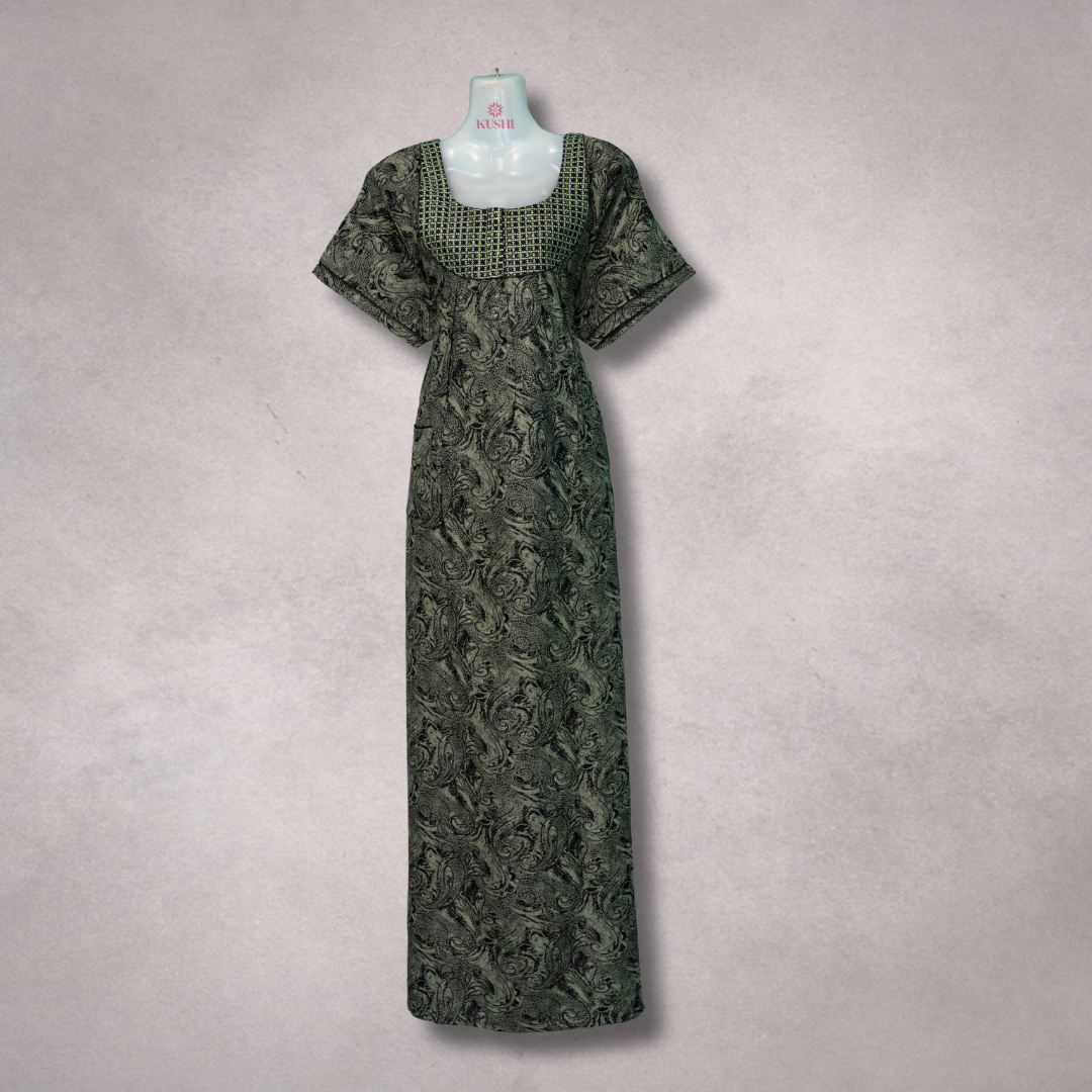 Elegant Olive Green Printed Nighty with Embroidered Neckline