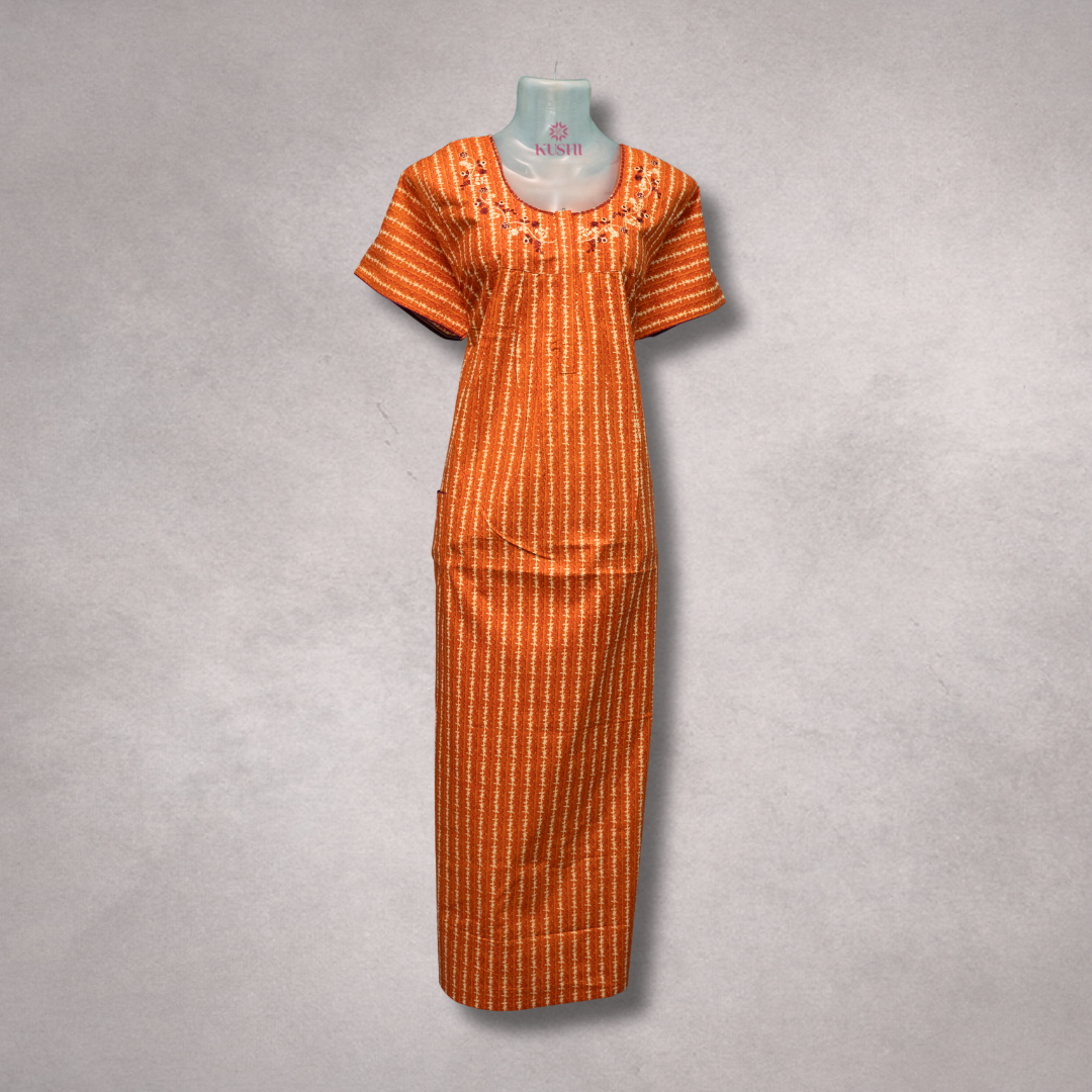 Rust Orange Striped Nighty with Embroidered Neckline
