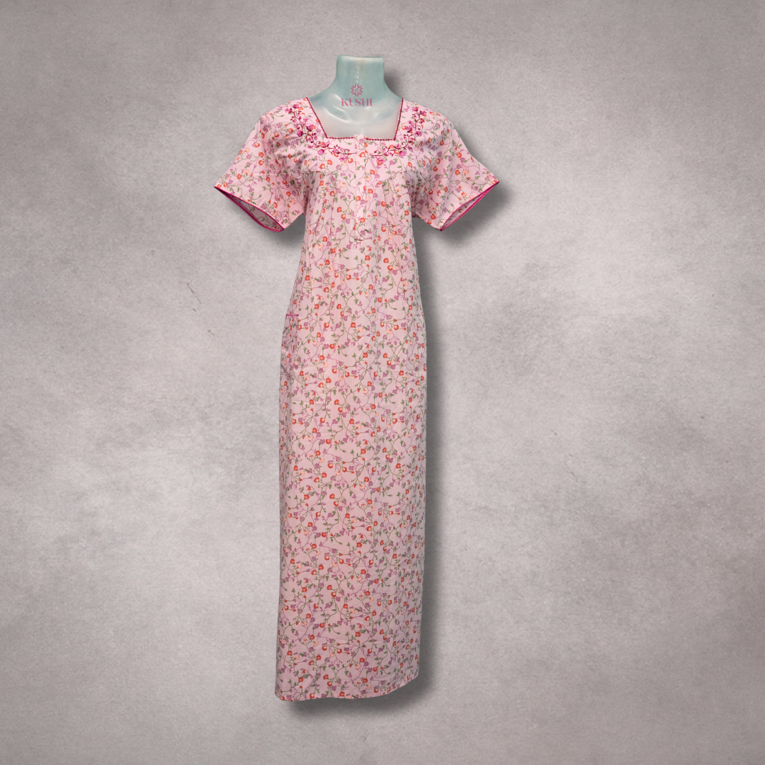Floral Printed Pink Women’s Nighty with Embroidered Neckline