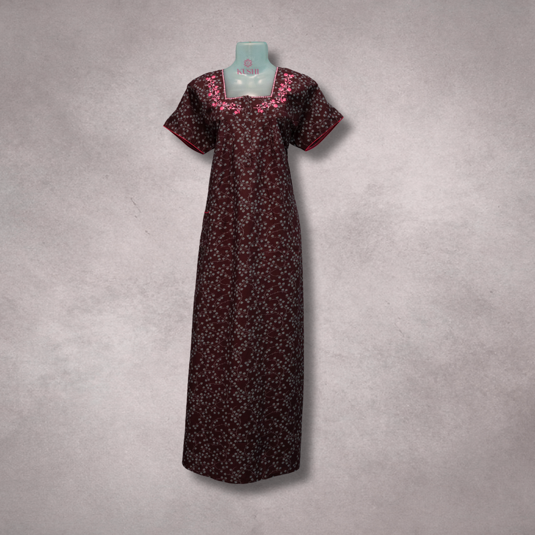 Dark Maroon Floral Nighty with Pink Embroidered Square Neck