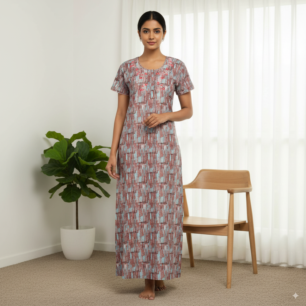 Brick Red & Aqua Abstract Printed Cotton Nighty with Embroidered Yoke