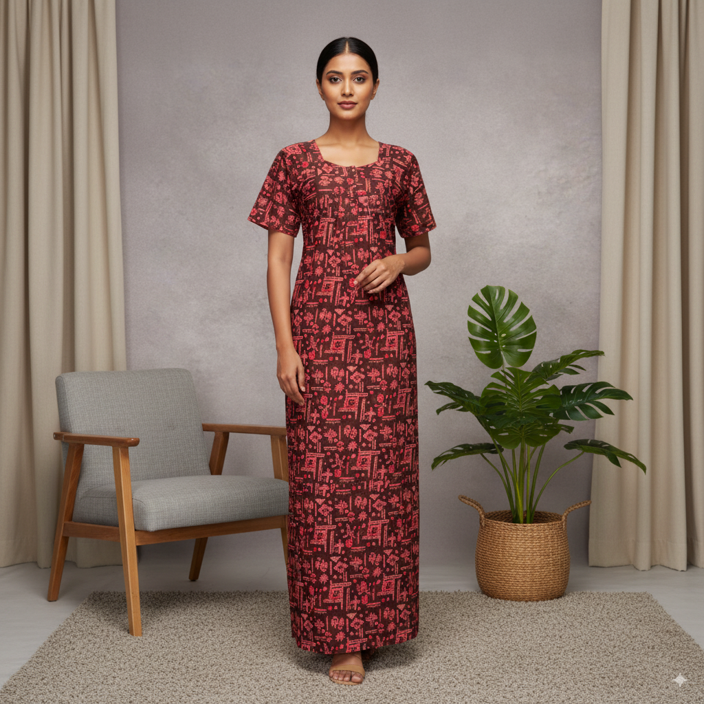 Black and Red Abstract Printed Nighty with Square Neck
