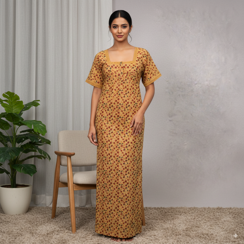 Mustard Yellow Floral Printed Cotton Nighty