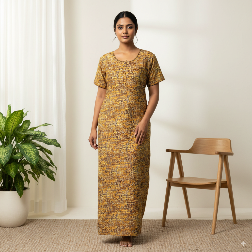 Mustard Yellow Abstract Printed Cotton Nighty