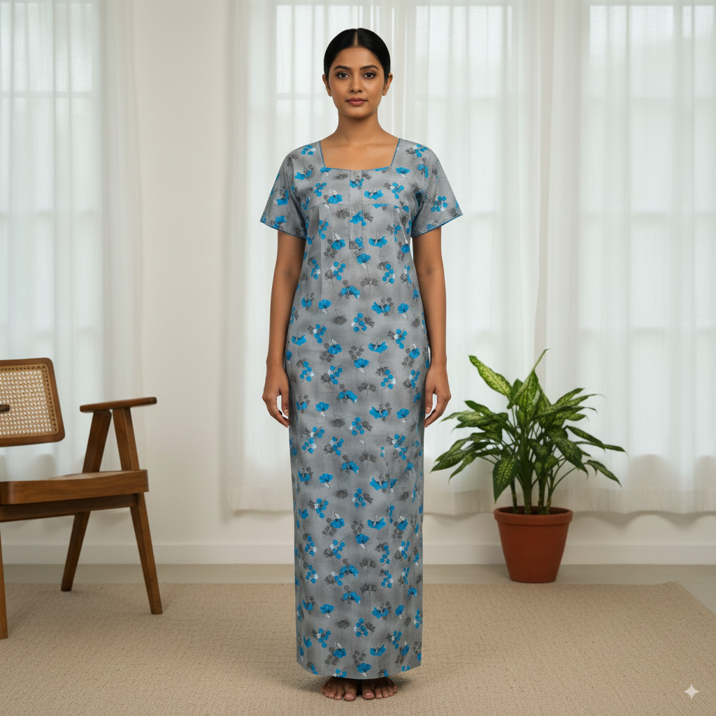 Light Grey Nighty with Blue Floral Print