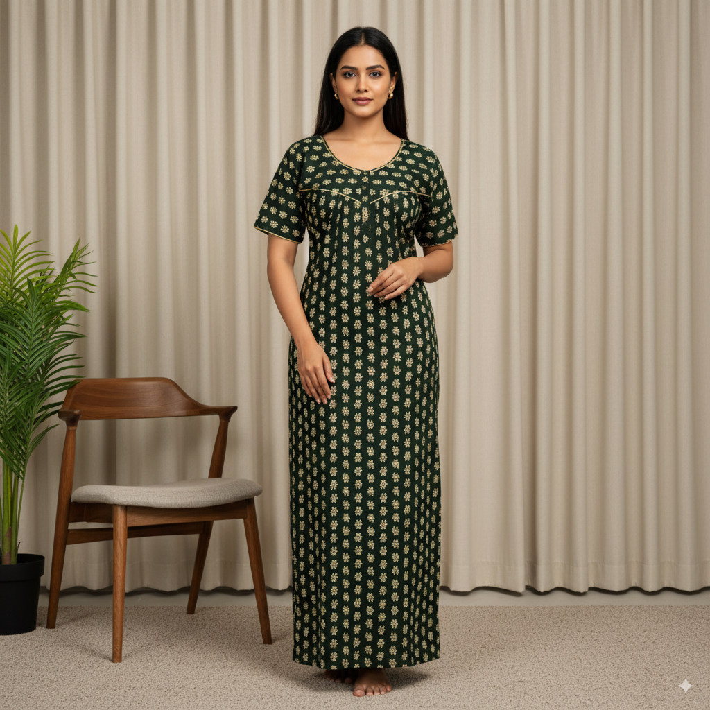 Dark Green Floral Printed Cotton Nighty