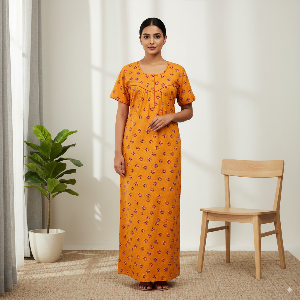 Mustard Yellow Floral Printed Cotton Nighty