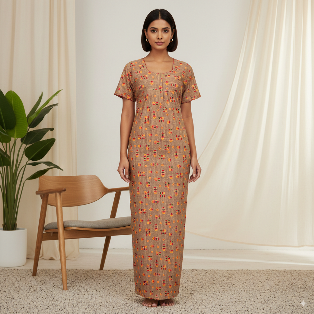 Premium Cotton Printed Nighty – Beige with Red-Yellow Floral Design