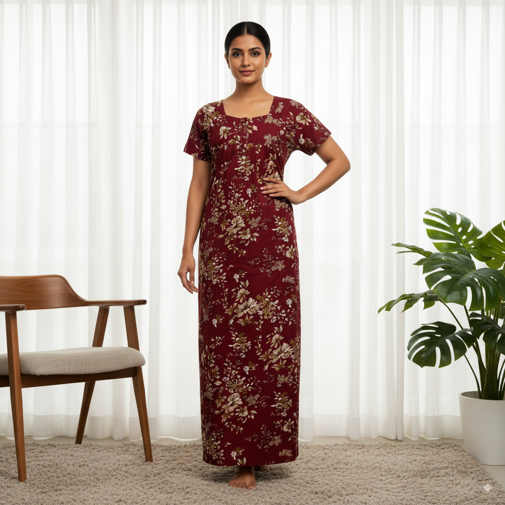Maroon Floral Printed Cotton Nighty