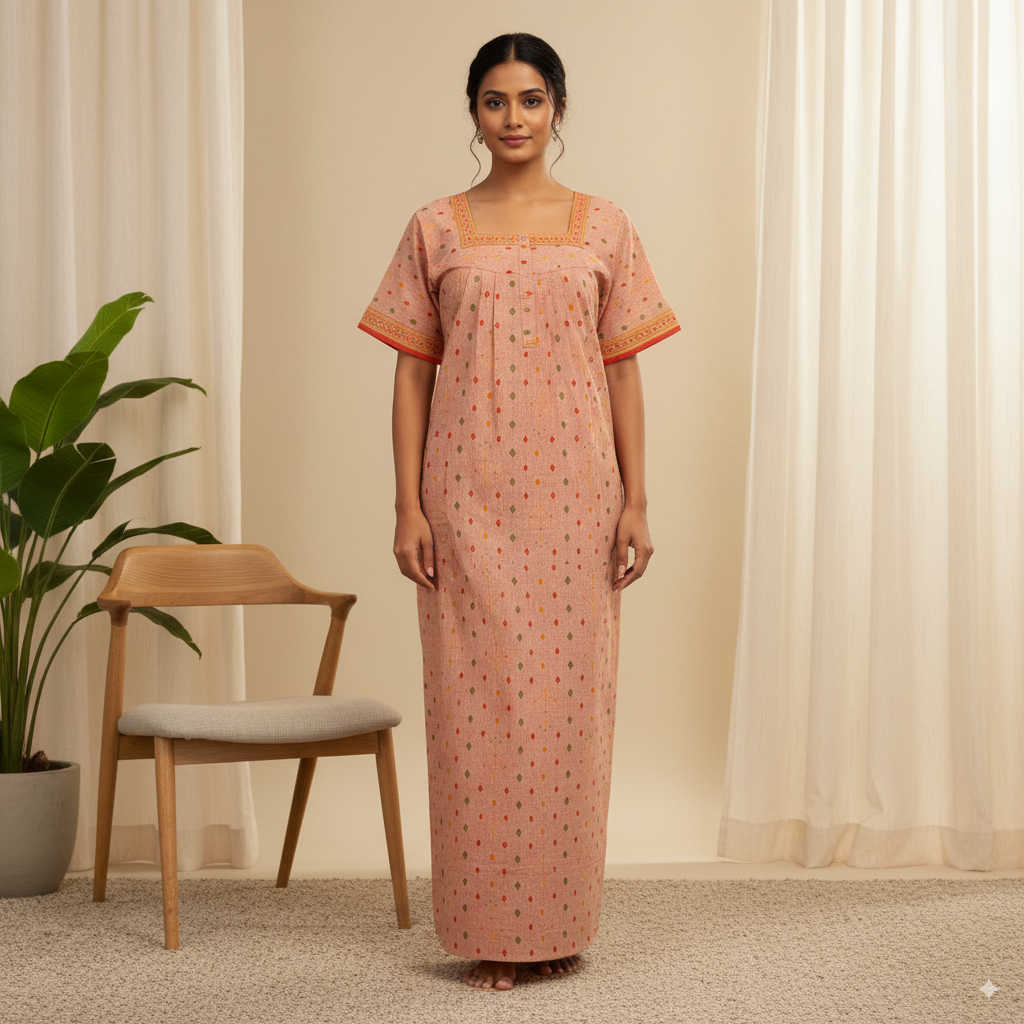 Light Peach Cotton Nighty with Orange Border Detailing