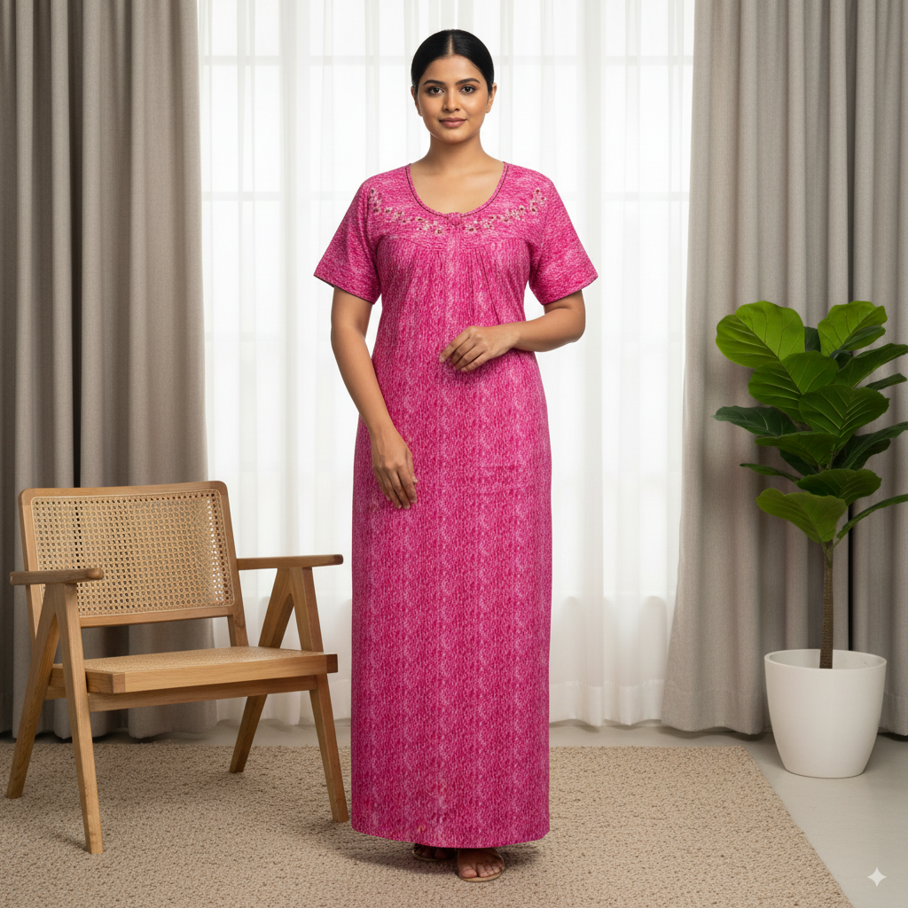 Fuchsia Pink Textured Nighty with Embroidered Scoop Neck