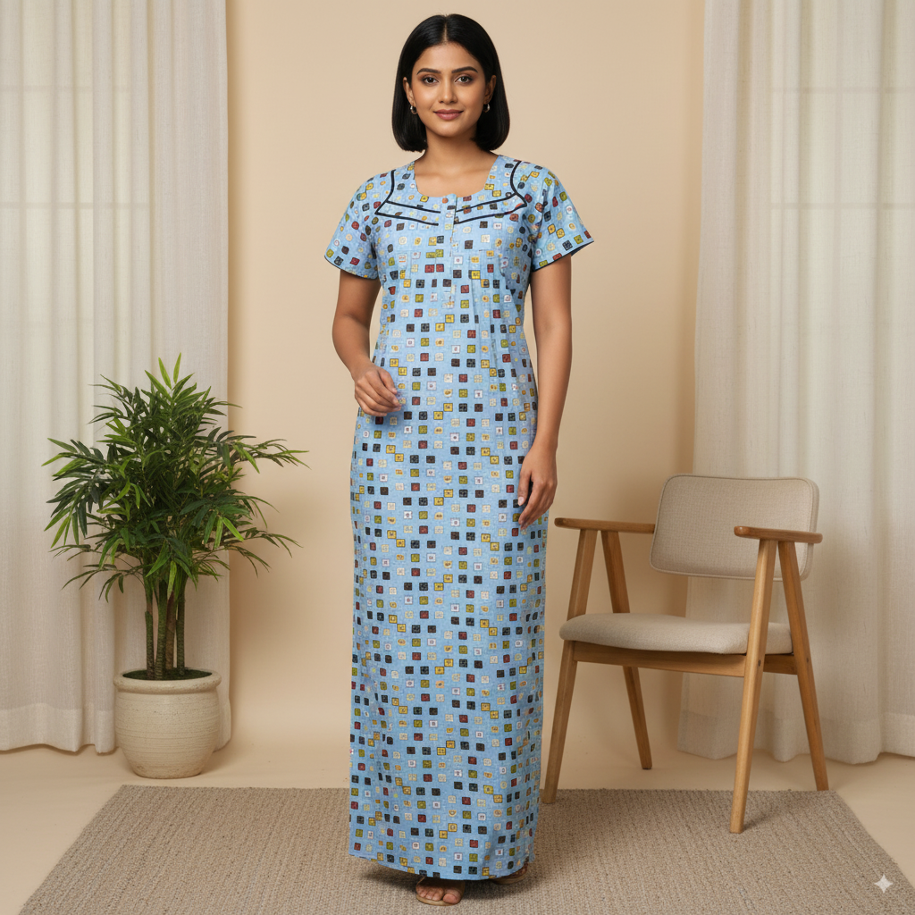 Light Blue Geometric Printed Cotton Nighty with Black Piping