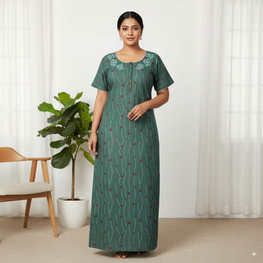 Premium Embroidered Green Floral Nighty