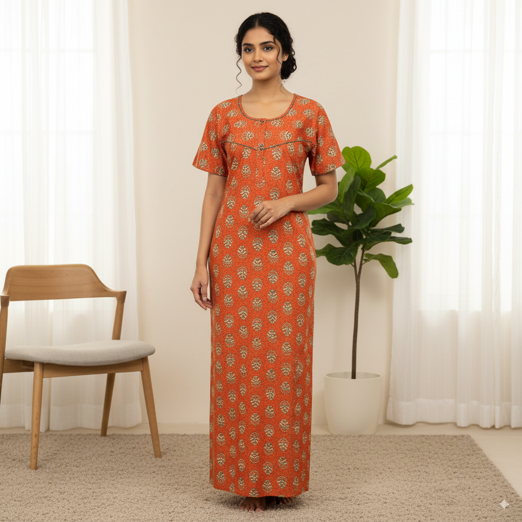 Premium Cotton Nighty – Burnt Orange with Floral Print