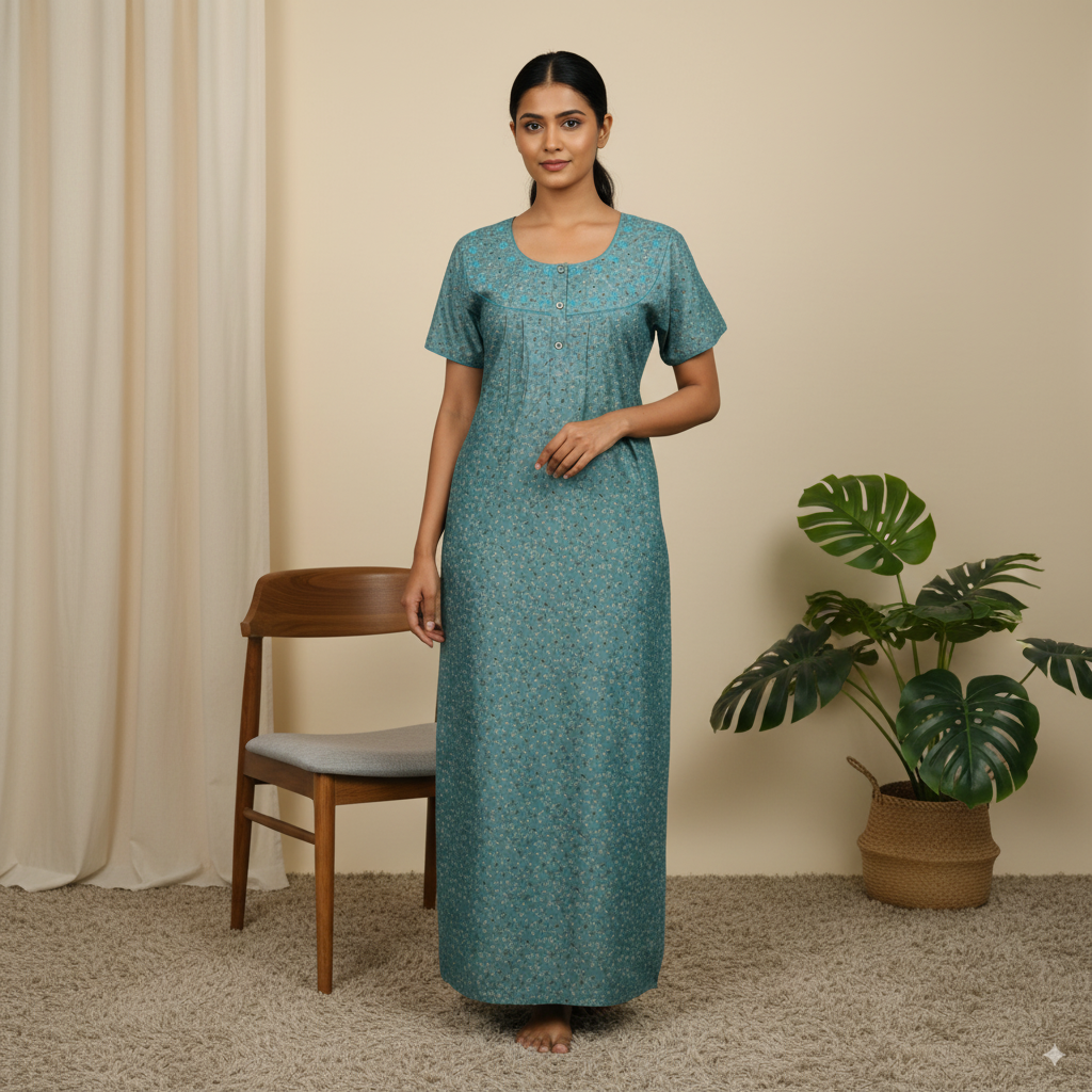 Teal Green Printed Cotton Nighty with Yoke Design