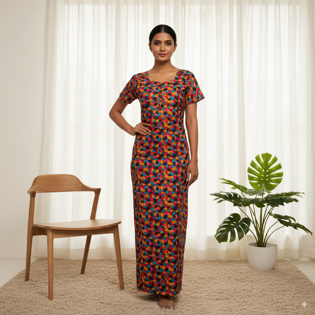 Multicolour Geometric Leaf Print Nighty with Scoop Neck