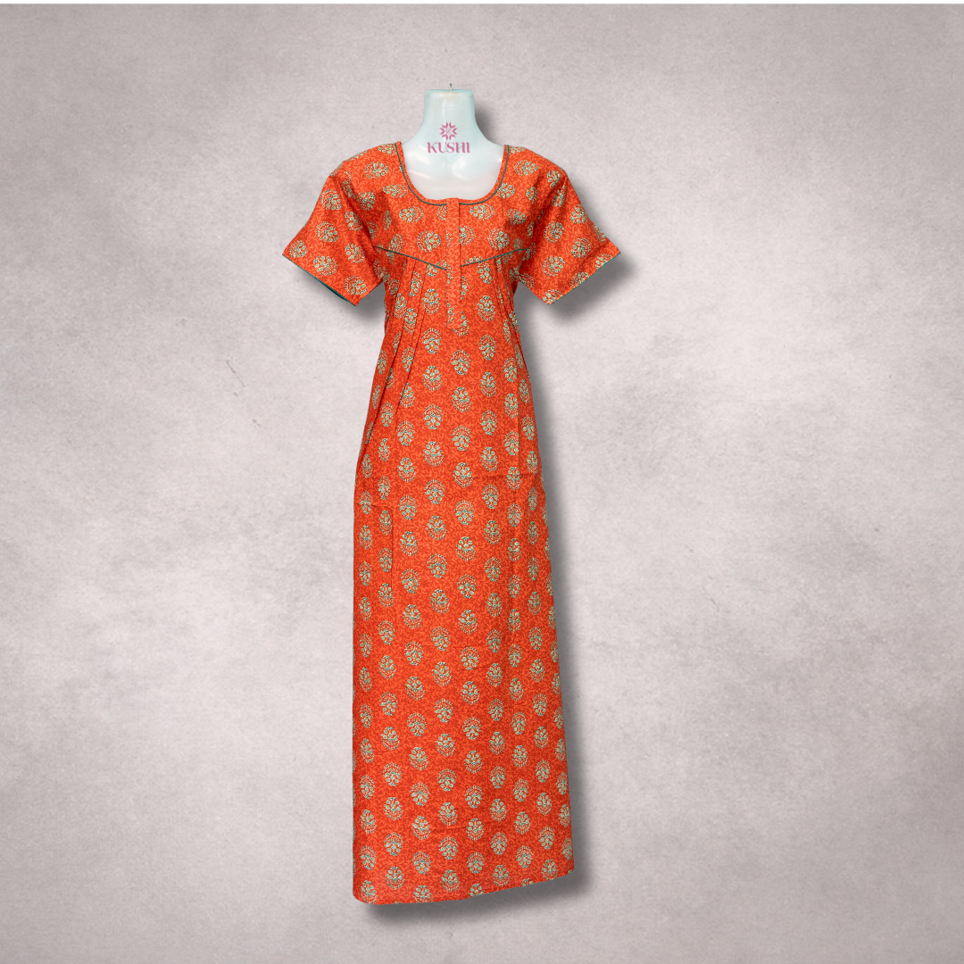 Premium Cotton Nighty – Burnt Orange with Floral Print
