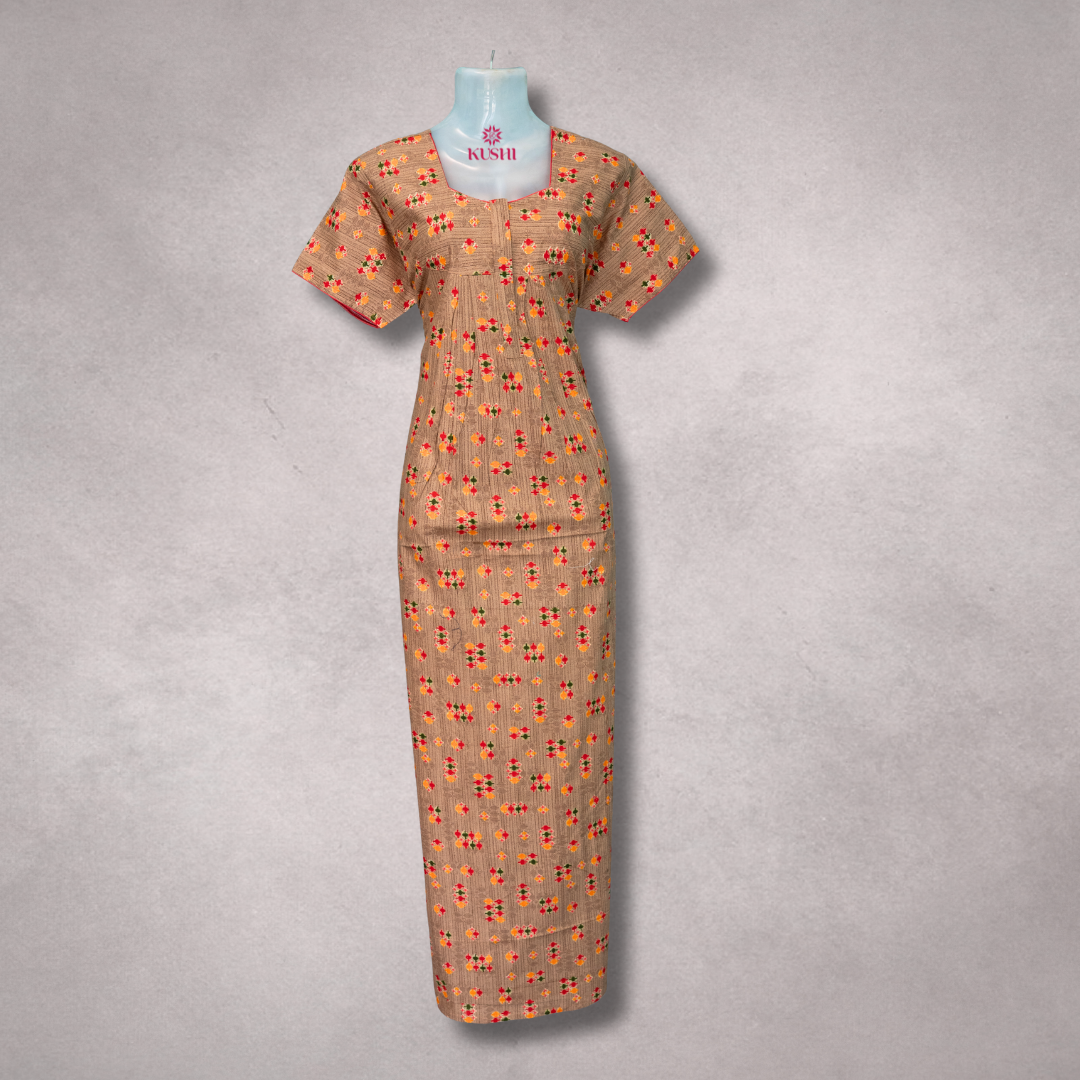 Premium Cotton Printed Nighty – Beige with Red-Yellow Floral Design