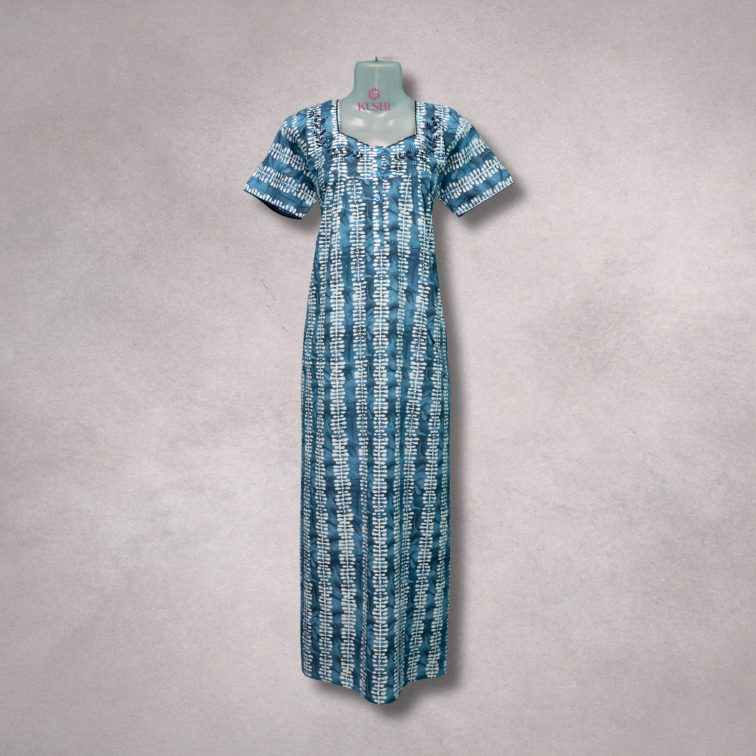 Premium Cotton Blue Tie-Dye Printed Nighty