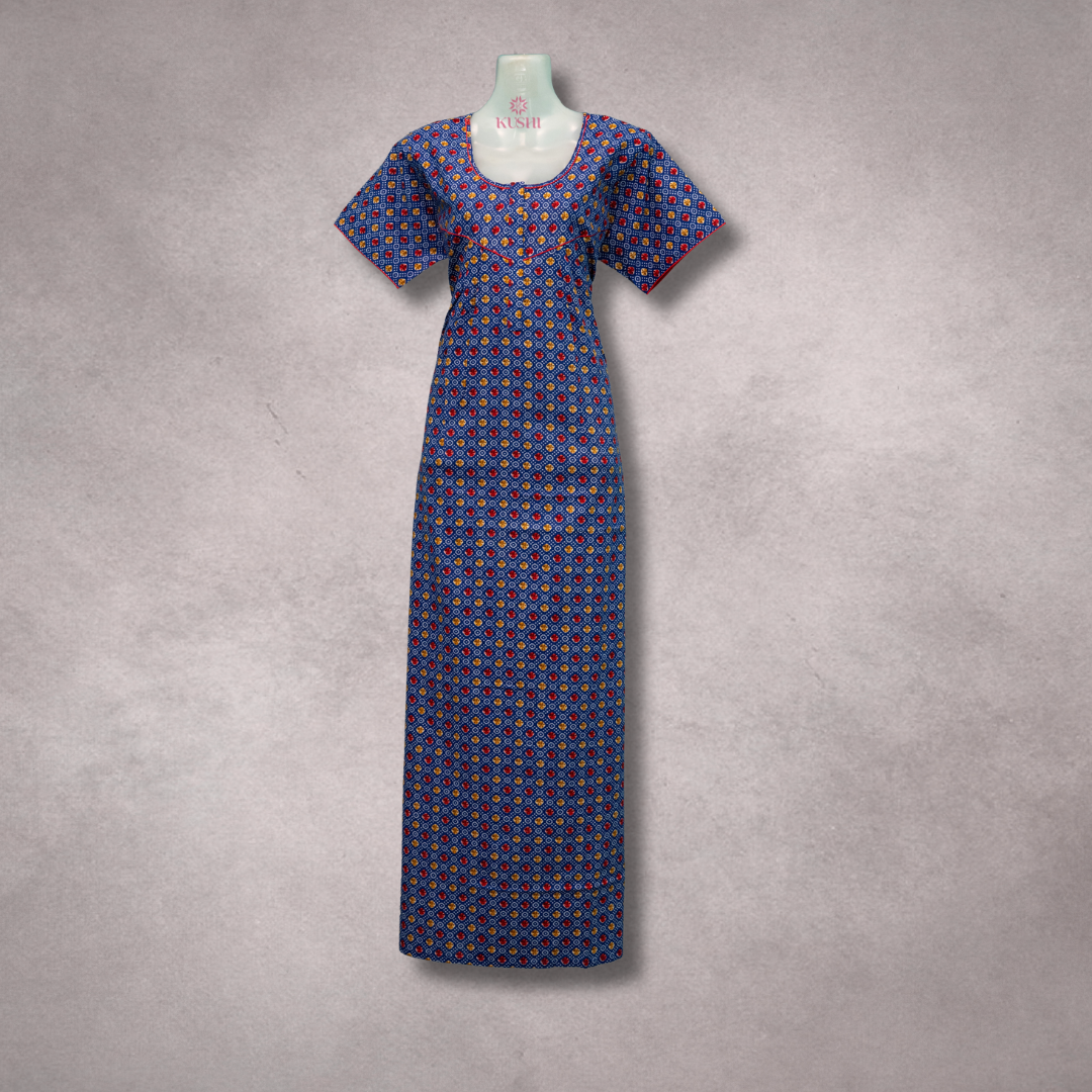 Premium Cotton Nighty – Navy Blue Geometric Print
