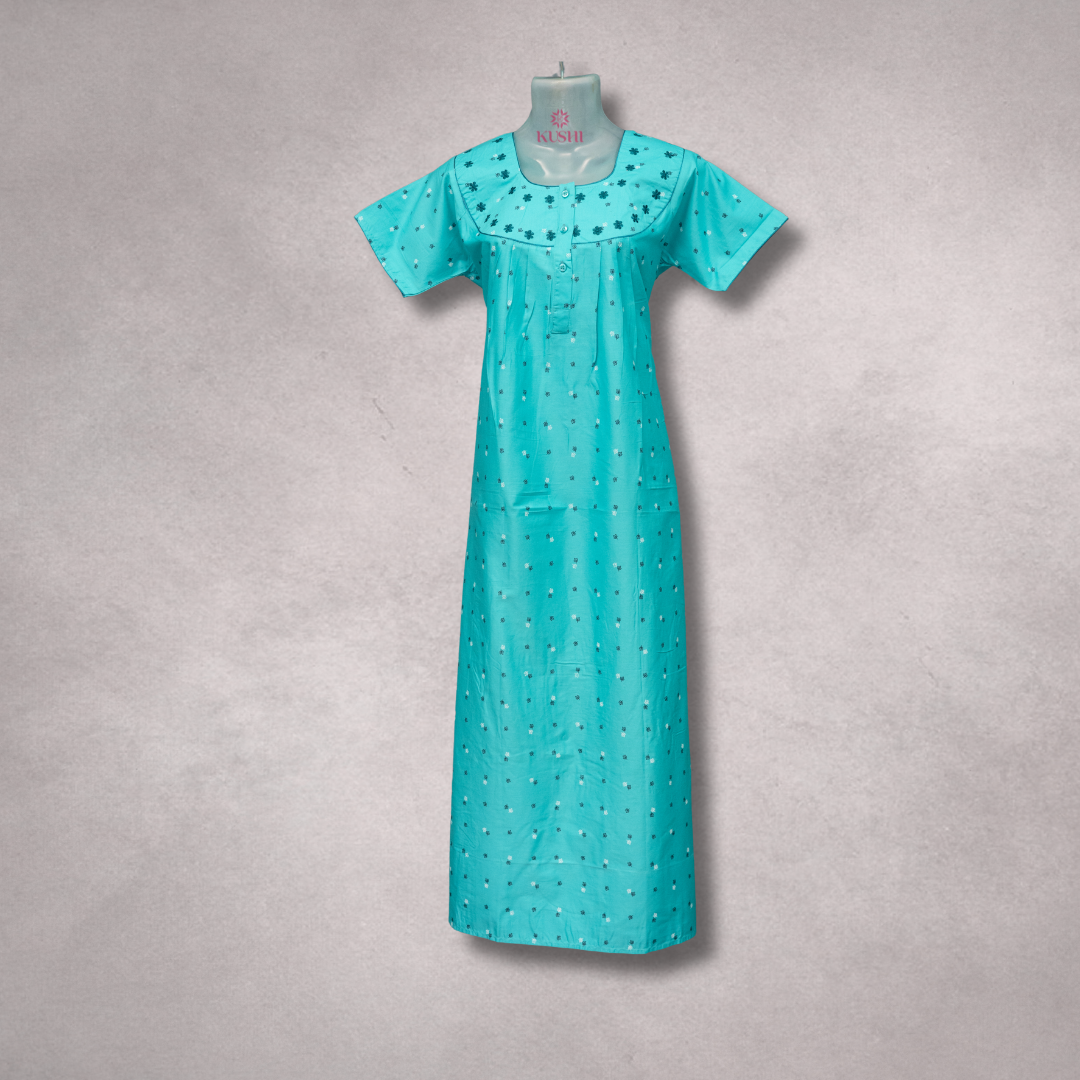 Women’s Aqua-Teal Star-Dot Nighty with Contrast Yoke & Short Sleeves