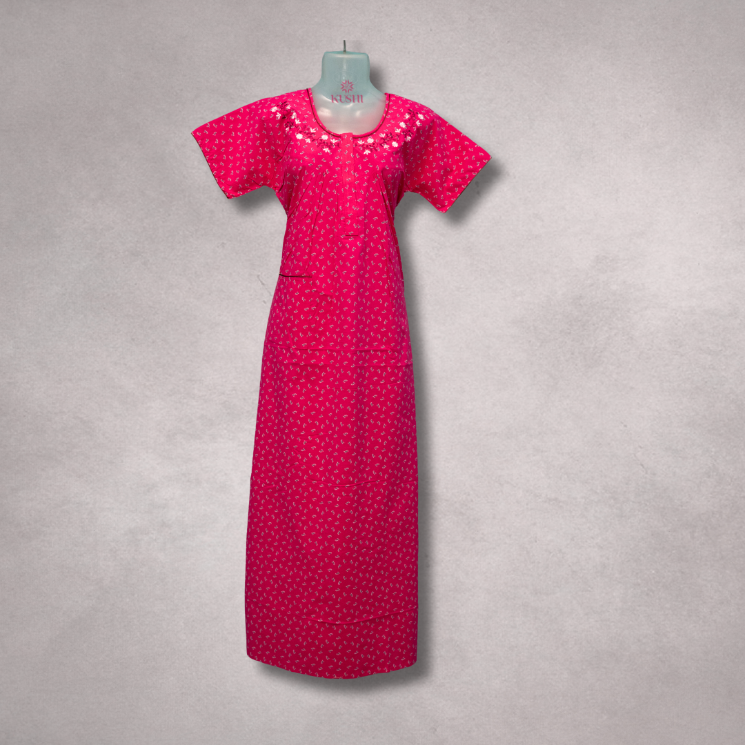 Magenta Pink Printed Nighty with Embroidered Neckline