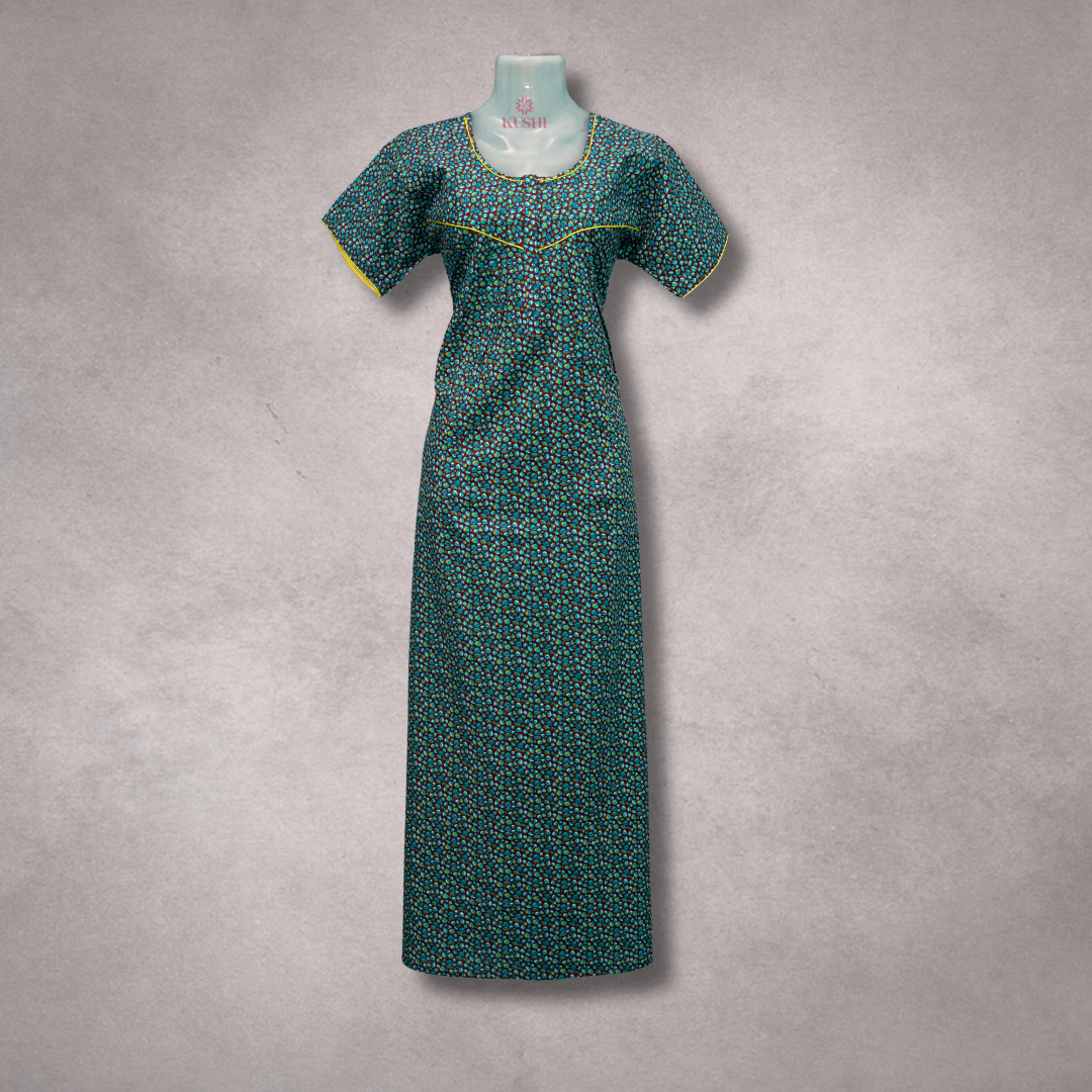 Elegant Green Floral Printed Nighty with Yellow Piping